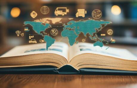An open book showing a world map with icons of global logistics and transport options, representing the modern concepts of logistics and transportation networks, and worldwide business connections.